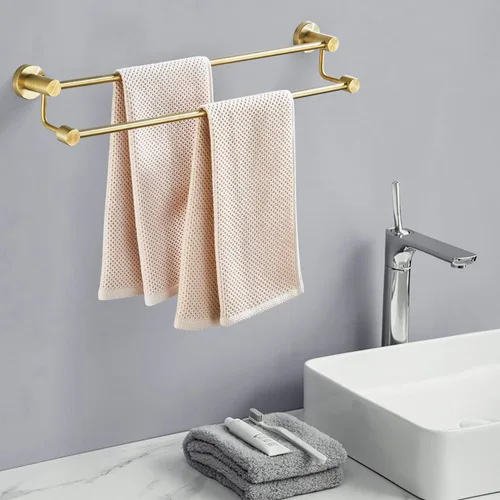 Miniatura 3 de BATHSIR Toallero de baño doble de oro cepillado ajustable, 14.56 a 27.55 pulgadas, toallero de montaje en pared para baño, colgador de toallas