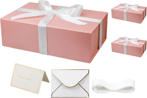 Miniatura 7 de YINUOYOUJIA Cajas de regalo rosadas con tapa, 14"x9"x4.5" Caja de regalo magnética con cinta, tarjetas y sobres para regalos, ideal para bodas