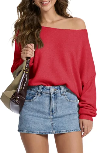 Miniatura 7 de FAlABLE - Suéter para mujer con hombros descubiertos y cuello barco, pullover holgado de manga larga, acogedor de punto, para otoño e invierno, tops