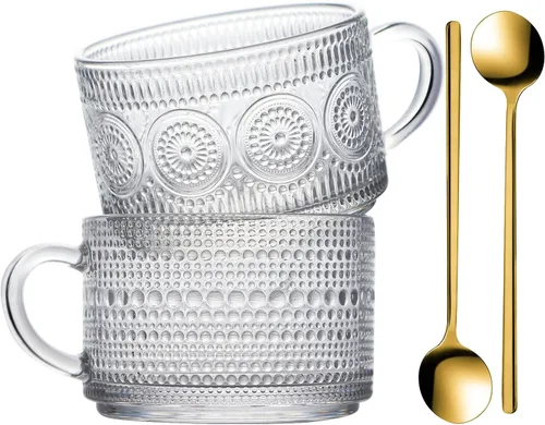 WHJY Tazas de café de vidrio vintage con cuchara, juego de 2 tazas de café de vidrio acanalado expreso, tazas de té en relieve, tazas de té