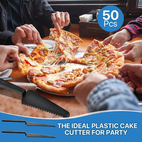Miniatura 3 de 50 piezas desechables de plástico cortador de tartas, espátula de plástico negro para tartas, utensilios de servir desechables para pizza