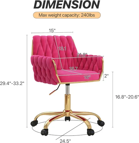 Miniatura 3 de Silla de terciopelo para oficina en casa, moderna silla de tocador de altura ajustable con base dorada y respaldo tejido a mano para dormitorio