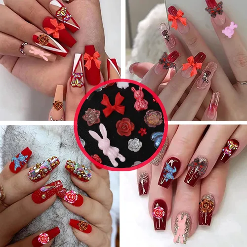 Miniatura 3 de COOSLIM 110 Piezas Dijes para Uñas 3D, Dijes de Resina Mariposa Oso para Uñas, Flor Rosa Lazo Conejo con Forma de Animal Piedras de Strass Perlas