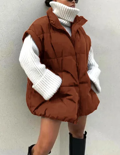 Miniatura 7 de APAFES Chaleco acolchado de invierno para mujer, ligero, cuello alto, manga corta, acolchado, con bolsillos