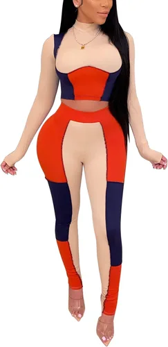 Conjunto deportivo casual de 2 piezas para mujer, diseño de retazos y bloques de color, pantalón largo, conjunto de yoga para correr