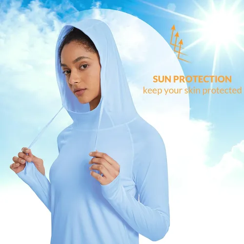 Miniatura 4 de baleaf Camiseta de protección solar con capucha para mujer, con protección solar UPF 50+, manga larga, protección UV, protección contra erupciones