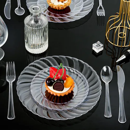 Miniatura 5 de FOCUSLINE 100 unidades de platos de plástico transparente de 9 pulgadas, platos de cena desechables resistentes - Platos de plástico duro