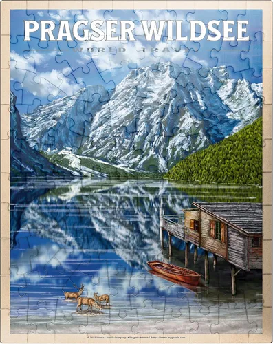 MyPuzzle Pragser Wildsee - Reflexiones de montaña, póster de viaje vintage, rompecabezas de 100 piezas para adultos