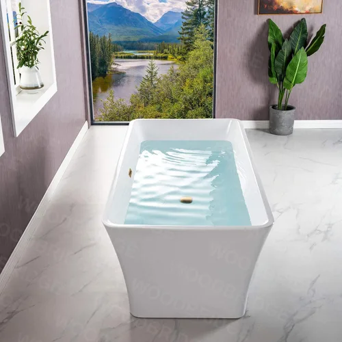 Miniatura 3 de WOODBRIDGE Bañera de acrílico independiente de 67 pulgadas, bañera blanca de remojo contemporáneo con desbordamiento y drenaje de oro cepillado