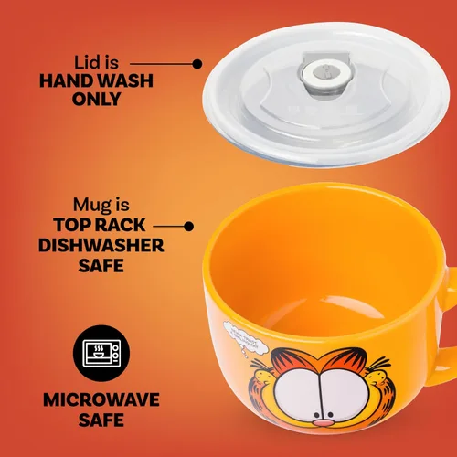 Miniatura 4 de Silver Buffalo Garfield Nunca confíes en un gato sonriente con Odie, Arlene, Nermal y Pooky - Taza de sopa de cerámica con tapa de plástico