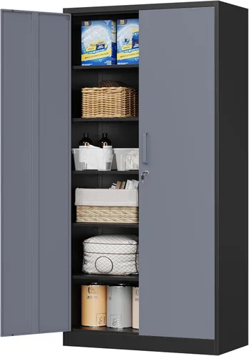 Miniatura 23 de MIIIKO Armario de almacenamiento de garaje negro con puertas y 5 estantes, almacenamiento de herramientas de acero de 71 pulgadas de alto, gabinete