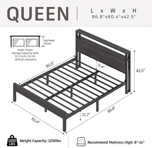 Miniatura 2 de E-Motie Base de cama de tamaño matrimonial con luces LED y estación de carga, cabecera de almacenamiento de madera con estantes de 2 niveles