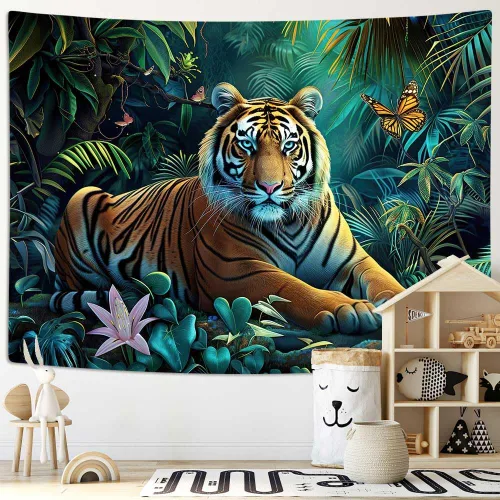 Miniatura 9 de MERCHR Tapiz de bosque natural, tapiz para colgar en la pared, diseño de animales de tigre, paisaje, paisaje, para dormitorio, sala de estar