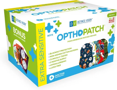 OPTHOPATCH Defined Vision - Parches para ojos para niños, diseño divertido para niños, serie I, 90 + 10 vendajes adhesivos de algodón hipoalergénico