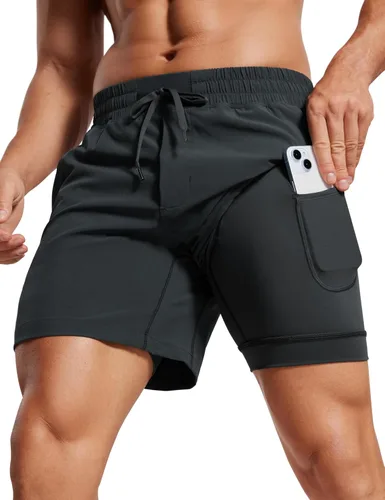 Miniatura 6 de CRZ YOGA Pantalones cortos de correr 2 en 1 para hombre de 5 pulgadas, forrados, de secado rápido, para entrenamiento, deportes, atletismo