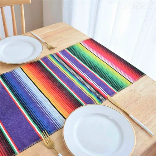 Miniatura 2 de BOXAN Camino de mesa de serape mexicano para decoración de boda, picnic al aire libre, mesa de comedor, manta de algodón con flecos, caminos de mesa