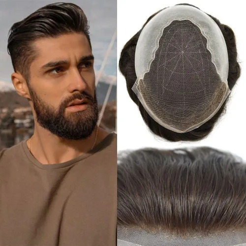 Miniatura 83 de Toupee - Sistemas de reemplazo de cabello para hombre, encaje frontal suizo, nudo blanqueado, pieza de cabello humano natural 1# negro azabache, 8 x