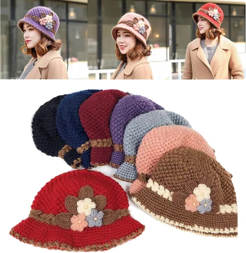 Miniatura 4 de Lady French Thicken - Gorro de lana de punto con flores para mujer, con flores