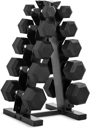 Miniatura 12 de CAP Juego de mancuernas hexagonales con revestimiento de goma con estante de almacenamiento, opciones de 100 a 210 libras, almacenamiento compacto