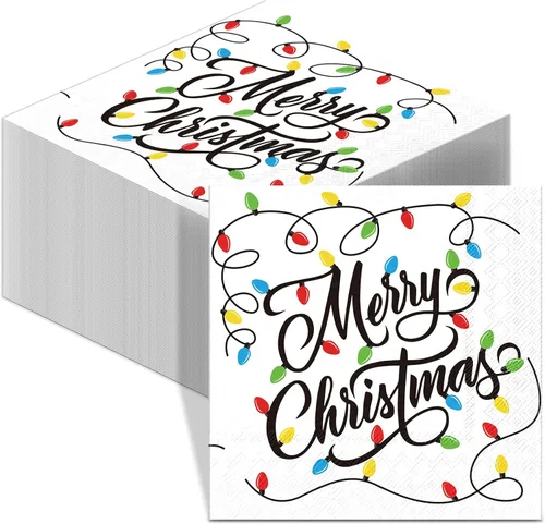 Honoson 100 Piezas Servilletas de Cóctel con Luces de Navidad Feliz Navidad Servilletas de Papel Desechables Toalla de Cena para Invitados