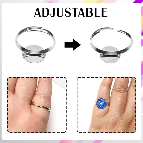 Miniatura 3 de TOAOB - 60 anillos en blanco chapados en plata, anillos planos ajustables con base en blanco