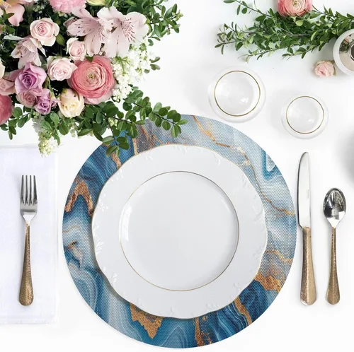 Miniatura 5 de Mantel individual redondo de mármol azul dorado, lavable para mesa de comedor para cocina (talla única x 1)