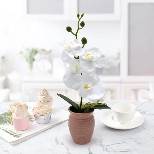 Miniatura 6 de Flores artificiales de Phalaenopsis, 4 unidades, orquídeas de seda falsas de 15 pulgadas con hojas de tallo para decoración del hogar, oficina, Rosa