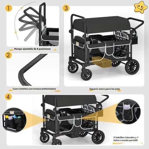 Miniatura 5 de TOLEAD Cochecito para 4 niños, plegable de 4 asientos para exteriores con toldo, manubrio ajustable, arnés de seguridad de 5 puntos, bandeja Negro