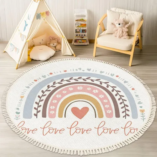 Miniatura 16 de Alfombra redonda bohemia para niños, dibujada a mano sin costuras con arco iris rosa pastel, alfombra de verano para bebé, alfombra de lino
