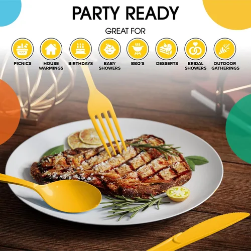 Miniatura 6 de Party Solids Cubiertos de plástico amarillo resistentes, 150 piezas, color amarillo, desechables, juegos de utensilios, 50 de cada tenedor