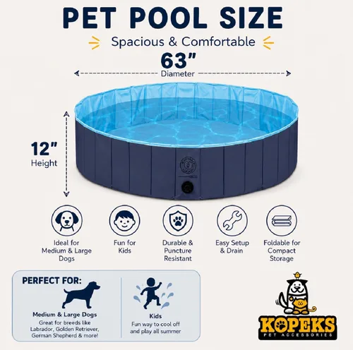 Miniatura 3 de KOPEKS Bañera para piscina al aire libre, portátil, plegable, ideal para mascotas, XL 63 x 12 pulgadas, azul, azul piscina-XL
