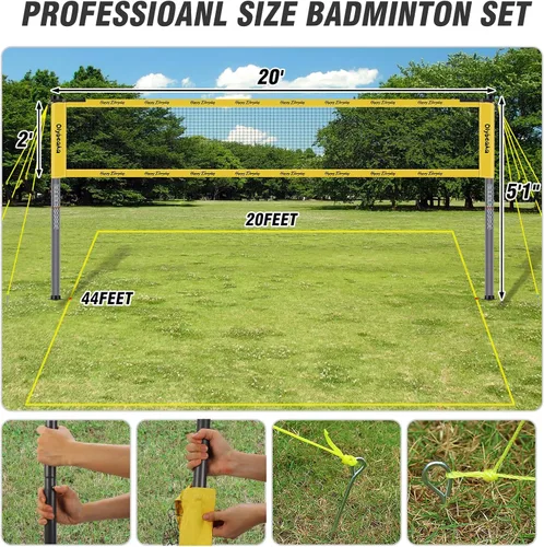 Miniatura 8 de Juego de bádminton para exteriores de 20 pies con red para patio trasero, césped, playa, sistema de red de bádminton portátil con 4 raquetas