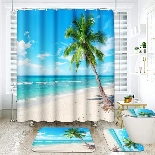 ArtSocket Hermoso juego de baño de playa con cortina de ducha y accesorios de alfombras, paraíso de palmera de coco para isla de verano, cortina de