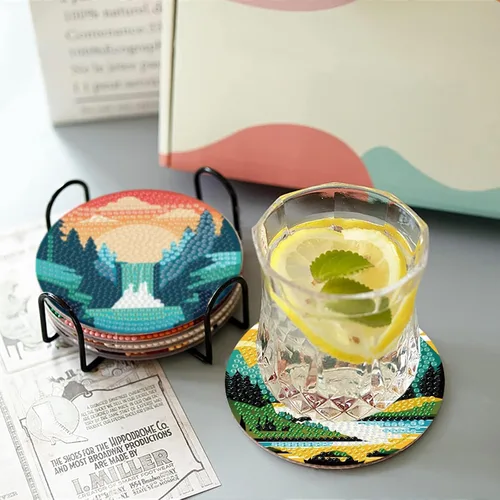 Miniatura 5 de Clendo Juego de 8 posavasos de arte de diamantes de paisaje con soporte, kits de arte de diamantes pequeños al atardecer para adultos principiantes