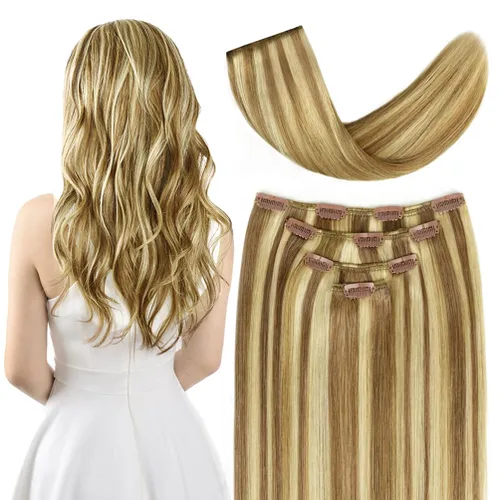 Miniatura 40 de Extensiones de cabello humano Remy de 12 pulgadas con clip para mujer, extensiones de cabello humano sedoso y liso, 1.76 onzas, 4 piezas