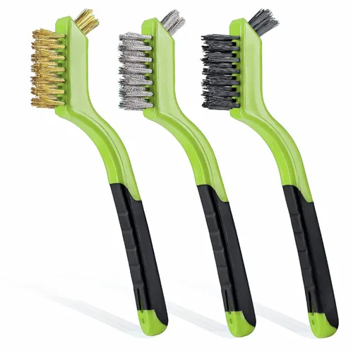 Miniatura 12 de Lavaxon Juego de 3 cepillos de alambre, cerdas de nailon/latón/acero inoxidable con mango curvado para óxido, suciedad y limpieza profunda, 7 Azul