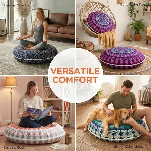 Miniatura 5 de Codi - Juego de 2 cojines de suelo para meditación, grandes y redondos para adultos, diseño bohemio de mandala para exteriores, chimenea, yoga, sala