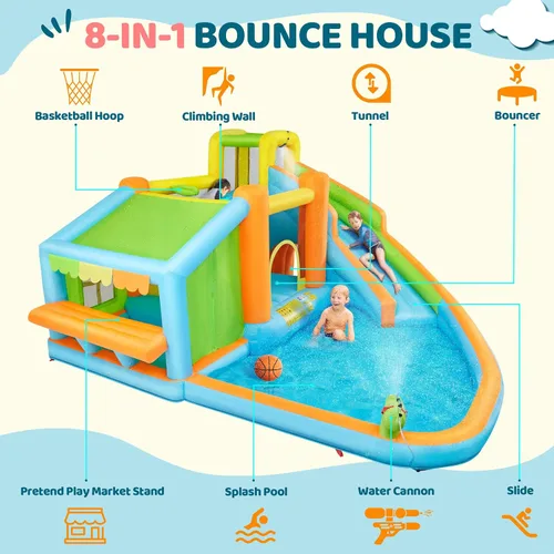 Miniatura 6 de Yaheetech - Castillo inflable de rebote para niños de 3 a 10 años W/ Splash Pool, Toy Market Stand, Bouncer Area, Slide, Climbing Wall, Storage