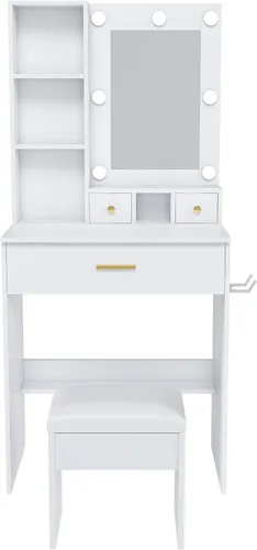 Miniatura 10 de Tocador con espejo y luz LED ajustable, toma de corriente incorporada, con 1 cajón grande, 2 cajones compactos, soporte de secador de pelo