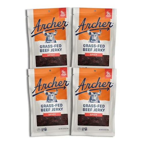 Fuego Beef Jerky by Country Archer, 100% alimentado con pasto, bajo en carbohidratos, sin gluten, snack keto de 2.5 onzas, paquete de 4