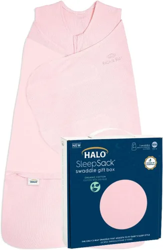 HALO Sleepsack Swaddle 100% algodón orgánico para recién nacido, juego de regalo de 1 pieza con caja, TOG 1.5, 0-3 meses, fresa Chambray - Caja de