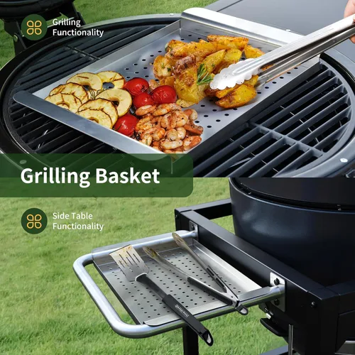 Miniatura 4 de Brand-Man - Parrilla de carbón y ahumador Kamado de acero - Rejillas de hierro fundido de 22 pulgadas, cesta de parrilla, carrito de mesa
