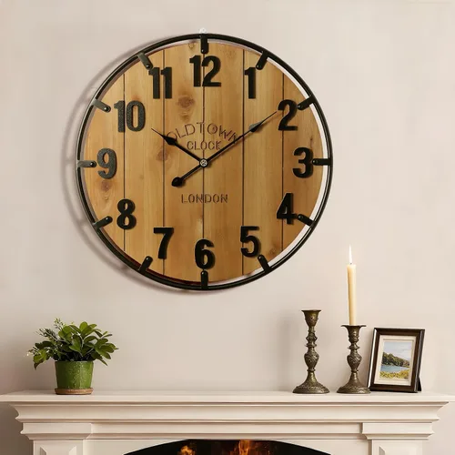 Vantic Farmhouse - Reloj de pared decorativo extra grande de 24 pulgadas con círculo de metal, reloj de pared de madera de gran tamaño con número
