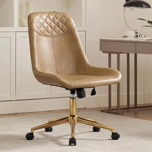 DUHOME Silla de oficina moderna de piel sintética, silla de escritorio giratoria para computadora con base dorada, camello Camel con base dorada