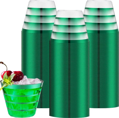 Miniatura 12 de Gejoy 100 vasos de plástico de 9 onzas con borde de Navidad a rayas, desechables a granel, vasos de plástico duro para beber, vasos para bodas, Rojo