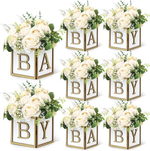 Miniatura 9 de Juego de 4 centros de mesa de baby shower para mesas, cajas de madera de 6 pulgadas con letras de bebé, cubos rústicos, bloques de madera para Rosa
