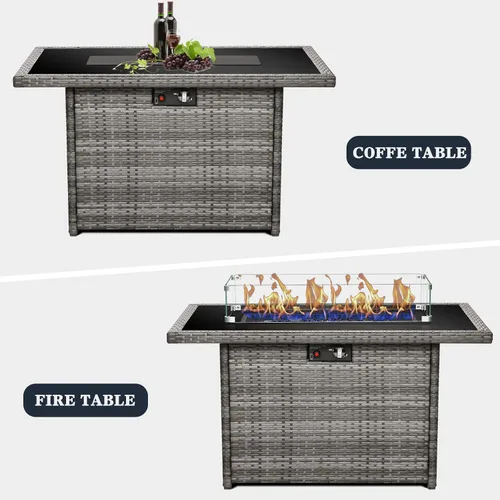 Miniatura 6 de Mesa para fogón de gas propano de 44 pulgadas para patio exterior, fogón rectangular al aire libre de mimbre de ratán de 60000 BTU con protector