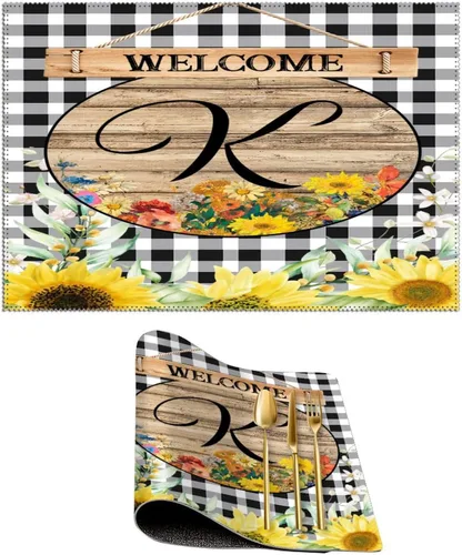 Miniatura 31 de Manteles individuales de bienvenida con diseño de girasol vintage con bandera R con inicial, 1 unidad, estilo granja, para mesa de comedor, cocina