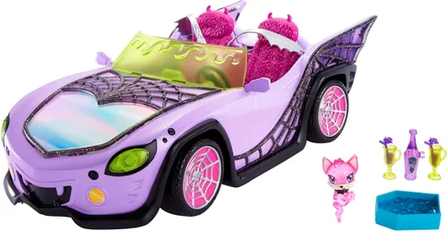 Coche de juguete Monster High, vehículo Ghoul con accesorios para mascotas y enfriadores, convertible púrpura con detalles de telaraña