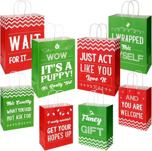 Zonon 8 bolsas de regalo divertidas de Navidad con asas, bolsas de favor de fiesta de Navidad rojas y verdes con frases humorísticas, suministros de